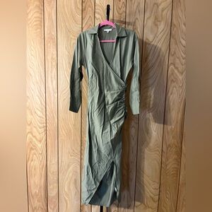 HYFVE Olive Green Ruched Wrap Midi Dress Size Small